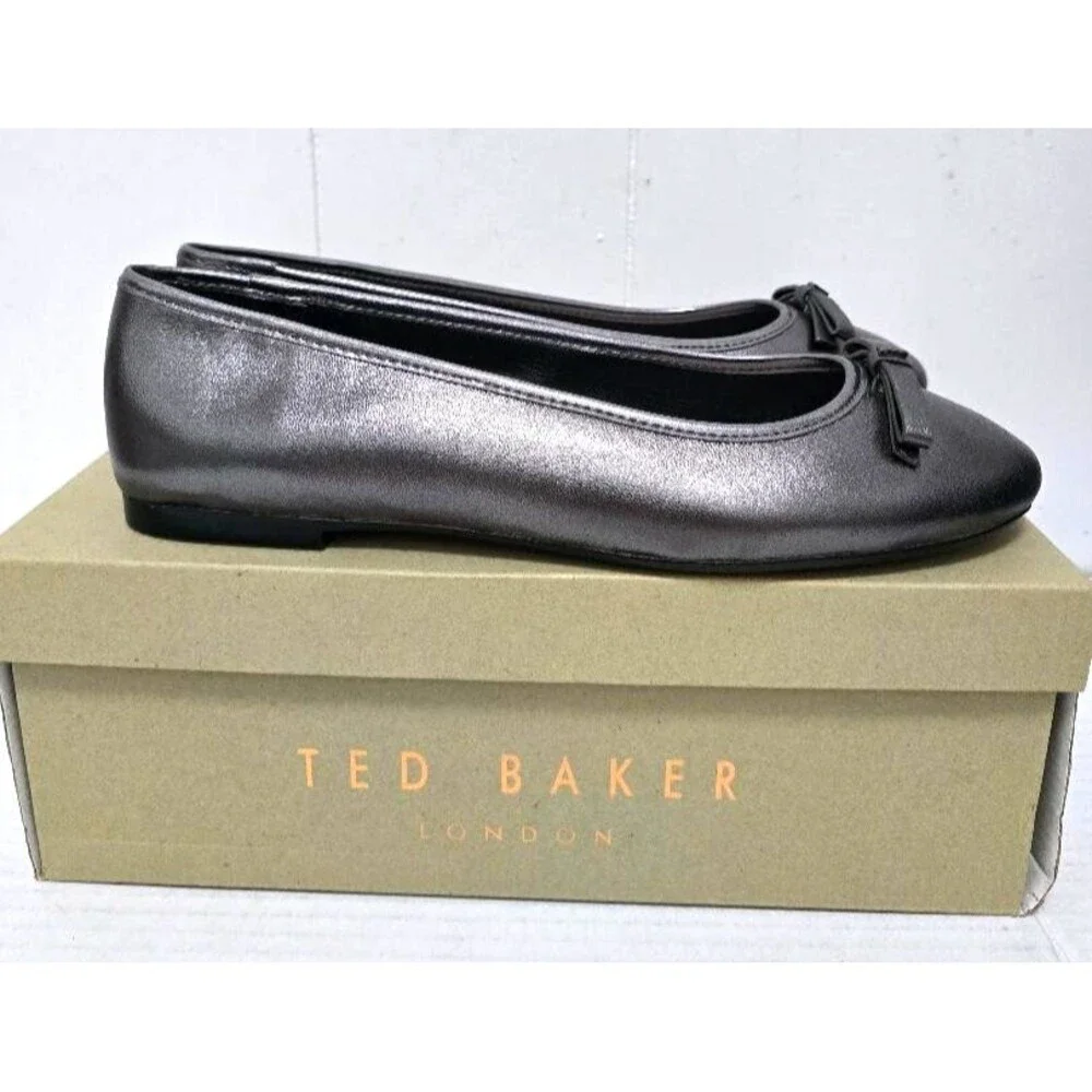 Ted Baker Gunmetal Leather Bow Ballerina Flat Shoe Women's Noraih 40 US 9.5